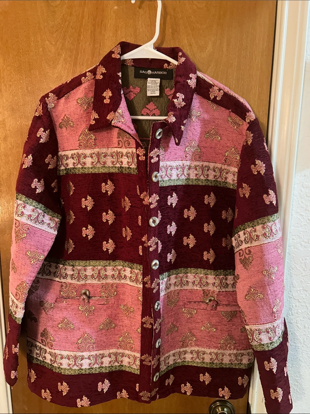 Women's Burgundy and Pink Patterned Jacket. 12. Like new